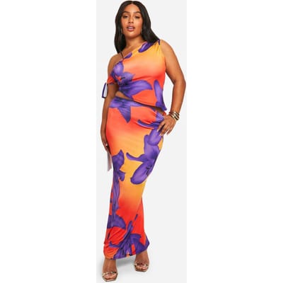 boohoo Dames Molly Smith Plus Gedurfde Maxirok met Bloemenprint en Slinky Pasvorm | Orange | Maat: 28