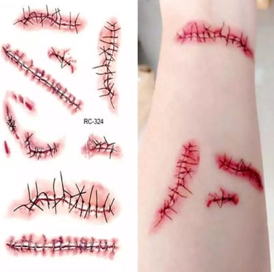 Akyol - Tattoo hechtingen – schaafwond - litteken tattoo - carnaval - - wondjes tattoo - tattoo met wond -halloween tattoo wond - 1 vel met tattoos – fantasie – nep tattoo – pijn – bloed – wond - halloween tattoo - wisbaar