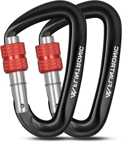 Robuuste Carabiner met 12KN Sterkte, Zwarte Gesp, Witte Veerpen en Rode Moer voor Veiligheid en Outdoor Activiteiten