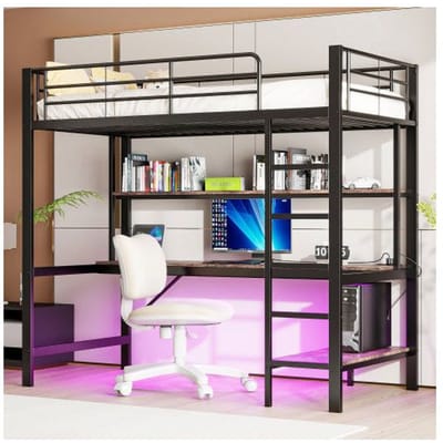 Kinderbed - MUVOE - Hoogslaper 90x200 cm - Metaal en MDF - LED-verlichting - Geïntegreerde USB-poorten zwart