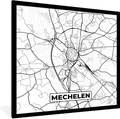Fotolijst incl. Poster Zwart Wit- België – Mechelen – Stadskaart – Kaart – Zwart Wit – Plattegrond - 40x40 cm - Posterlijst