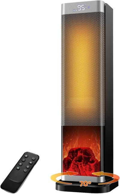 KZQ 2000w Ruimteverwarmer Met Afstandsbediening - 58cm Draagbare Verwarming Met 70° Oscillatie 3D Vlammen Led Scherm Eco Stand En 12 Uur Timer - Voor Slaapkamer Kantoor En Thuis - Zwart