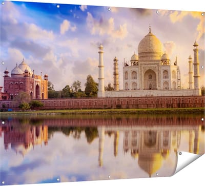 Gards Tuinposter Taj Mahal bij het Water in India - 160x120 cm - Tuindoek - Tuindecoratie - Wanddecoratie buiten - Tuinschilderij