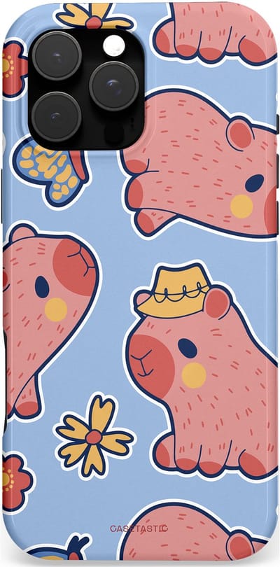 Casetastic hoesje geschikt voor Apple iPhone 16 Pro Max - MagSafe - Dubbellaagse bescherming - Capibara geluk - Fashion Case - Lichtblauw Perzik Grijs Koraal