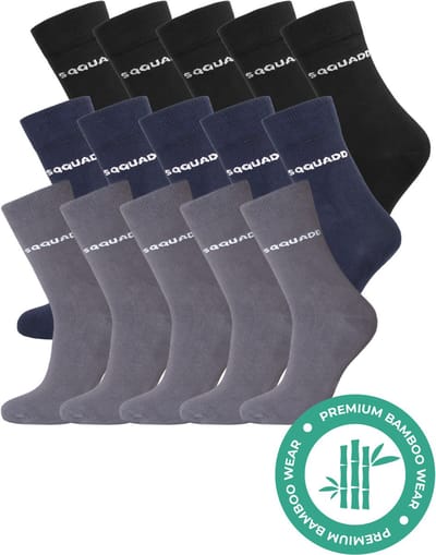SQQUADD® Bamboe Sokken Dames en Heren - Classic 15-pack - Maat 35-38 - Naadloos en Duurzaam - Tegen Zweetvoeten - Bamboo - Zwart - Donkerblauw - Grijs