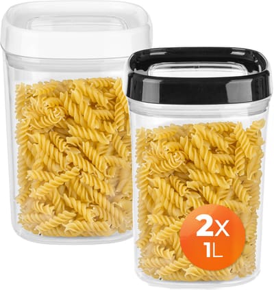 KADAX Voorraaddoos, transparante opbergdoos van kunststof, luchtdichte voorraaddoos met deksel, voor meel, muesli, suiker en pasta (set van 2: 1000 ml, wit en zwart)