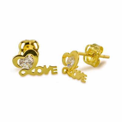 New Bling 9NBSAM-G210356 Gouden Oorknopjes - Dames - Hartjes - Tekst - LOVE - Zirkonia - 5,1 x 8,5 mm - 14 Karaat - Goud