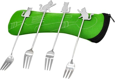 Stainless Steel Cake Forks met Kattenontwerp voor Fruit, Gebak en Dessert - Set van 4 met Opbergdoos (14.5x2cm) voor Thuis, Camping en Picknick