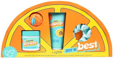 I LOVE Zest Is Best Giftset – Body Wash 100 ml, Body Lotion 150 ml, Bath Fizzer 50 g & Scrunchie
