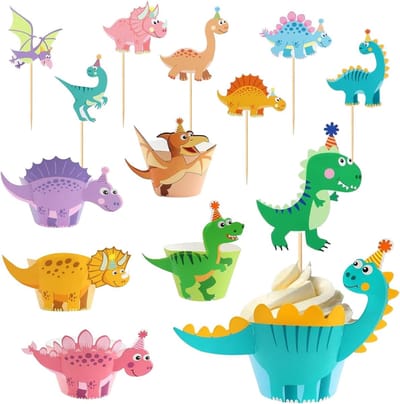 Dino Cupcake Wrapper Set met 24 Muffin Toppers en 24 Cake Toppers voor Verjaardagen en Feestjes met Dinosaurus Thema