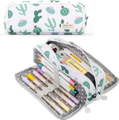 Pennenetui voor jongeren, jongens en meisjes, 3 vakken, grote inhoud, voor school en kantoor school etui（Cactus）