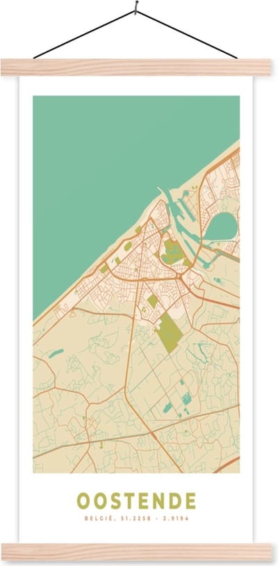 Posterhanger incl. Poster 60x120 cm - Schoolplaat - Kaart - Plattegrond - Vintage - Stadskaart - Oostende - Textielposter - Blanke latten - Stadskaart