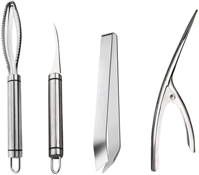 Dailygoods- Visschubmachine 4-delige Set - Garnalenschiller - Visschubverwijderaar - Antislip Visschubborstel - Roestvrij Staal - Ergonomische Handgreep - Zeevruchtengereedschap
