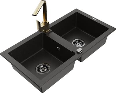 Mexen Mario granieten gootsteen 2-kamer met keukenmengkraan Rita, zwart/goud metallic - 6504-75-670300-50-B