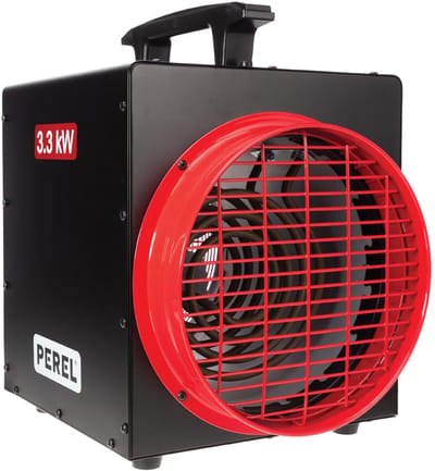 Perel Elektrische ventilatorkachel 3300W met thermostaat en koelstand, IP24 oververhittingsbeveiliging, compacte draagbare heater voor werkplaats, garage, schuur of industriële ruimte