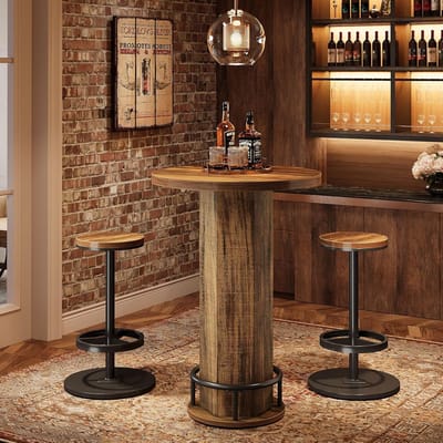 Tribesigns Ronde Bartafel – Industriële Bartafel met Stoelen – Cocktailtafel in barstijl met Metalen Ringvoetsteun voor Keukenhoek, Appartement