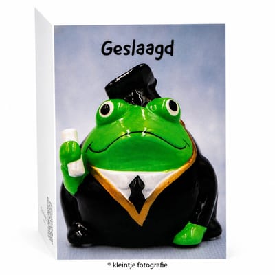 Geslaagd wenskaart – Kikker kaart met zwarte tekst | Kleintje Fotografie