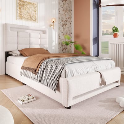 SINGULARITY-Gestoffeerd bed- 90 x 200 cm- APP-afstandsbediening- met LED-verlichting- hydraulische ondersteuning- zonder matras- met USB-aansluiting- linnen- beige