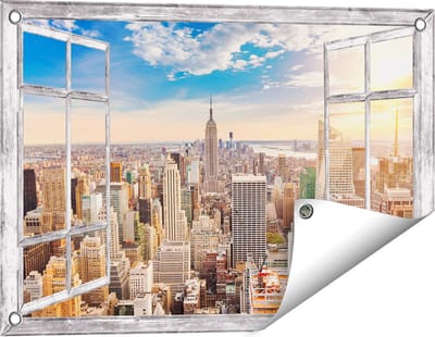 Gards Tuinposter Doorkijk New York Manhattan tijdens Zonsondergang - 60x40 cm - Tuindoek - Tuindecoratie - Wanddecoratie buiten - Tuinschilderij
