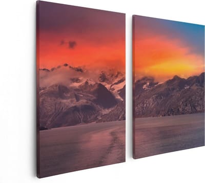 Artaza Canvas Schilderij Tweeluik Meer Bij De Bergen Bij Zonsondergang - 80x60 - Foto Op Canvas - Canvas Print
