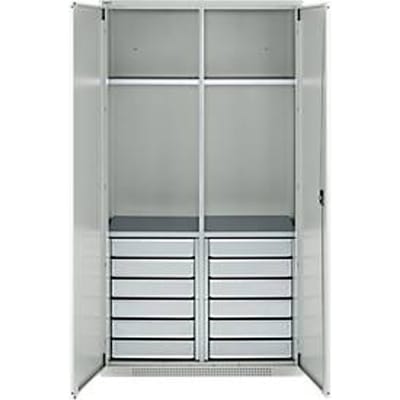 Schäfer Shop Genius materiaalkast FS, 5 OH, afsluitbaar, 4 legborden/12 laden, tot 450 kg, B 1055 x D 520 x H 1950 mm, staal, lichtgrijs/lichtgrijs