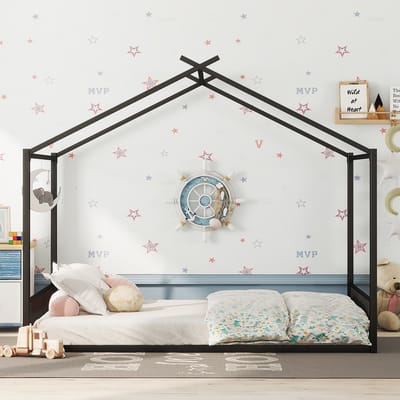 140x200 cm vlak bed - metalen bedframe - kinderbed - huiselijk bedhek - zwart - zonder matras