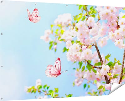 Gards Tuinposter Twee Roze Vlinders bij Roze Bloesem Bloemen - 180x120 cm - Tuindoek - Tuindecoratie - Wanddecoratie buiten - Tuinschilderij