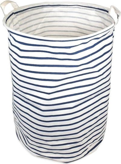 QUVIO Wasmand - Opvouwbare wasmand - Opbergmand - Speelgoedmand - Waszak - Wasmanden - Met handvaten - Wassorteerder - Wasbox - Inhoud 30 Liter - Rond - Stof - Wit met blauwe strepen