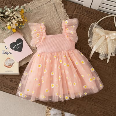 Robe de Fille Mode Imprimé Marguerites Maille Robe Princesse Douce Confortable Robe de Sortie Bébé Fille Rose Cadeau d'Anniversaire 70 rose