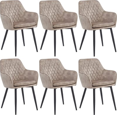 Colenis® - Laura Eetkamerstoel - Set Van 6 - Champagne - Adoré Velvet - Industrieel - Met armleuning