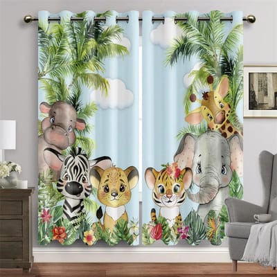 Safari Dieren Cartoon Jungle Bos Gordijnen Raambekleding Perfect voor Woonkamer Kinderkamer Badkamer Keuken Deur Huisdecoratie W65X60H(cm)X2Pcs&Grommet Top