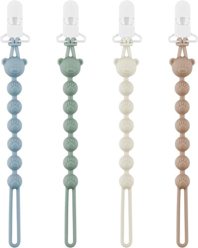 Fopsuigelingketting set van 4 in siliconen met veiligheidsclip - makkelijk schoon te maken voor kinderwagen en draagzak
