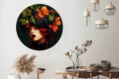 WallCircle - Wandcirkel - Muurcirkel - Vrouw - Rood - Groen - Druiven - Aluminium - Dibond - 120x120 cm - Binnen en Buiten XXL