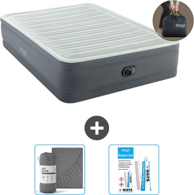 Intex Luchtbed - 2-Persoons - 152 x 203 x 46 cm - Grijs - Inclusief pomp - Hoeslaken en Reparatieset