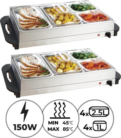 GoodVibes - Set van 2 Elektrische Buffetverwarmers met Verwarmingsplaat Functie - Temperatuurregelaar - Warmhoudapparaat - Voedselverwarmer - Warmhoudplaat - 2 stuks van 2 x 2,5 Liter + 2 x 1 Liter- Roestvrij Staal / RVS