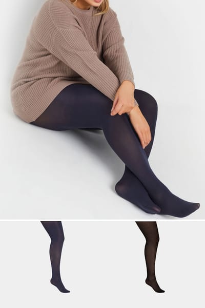 Yours Set Van Twee Paar 100 Denier Panty's In Donkerblauw/Zwart Size 50-54