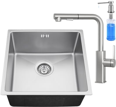 Auralum max 44x44CM Spoelbakken Keuken - Spoelbak Keuken Met Keukenkraan en Zeepdispenser 300ML - Wasbak Keuken Met Waterafvoersysteem - Past op 45 cm kasten - RVS