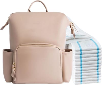 Luierrugzak Leer - Babyverzorgingstas Reistas - Babyverzorging - Waterbestendig PU-leer - 41 x 35 x 20 cm - Romig