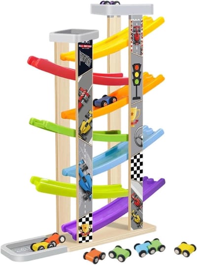 Houten Racebaan - Autobaan Speelgoed - Kinderen Spelen - Educatief Ontwerp - 44 x 13 x 8 cm - Regenboog