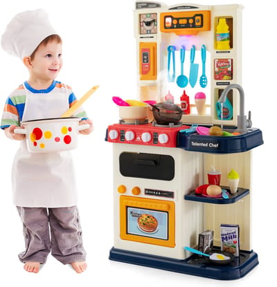 COSTWAY TP10033DE Kinderkeuken met verlichting muziek en geluid speelkeuken incl. accessoires kinderspeelkeuken met waterpomp speelgoedkeuken voor peuters vanaf 3 jaar (Blauw) Eén maat