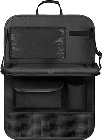 Famanu – Auto-organizer voor kinderen - achterbankbescherming met transparante zak - organizer met dienblad en tas voor telefoon (zwart)