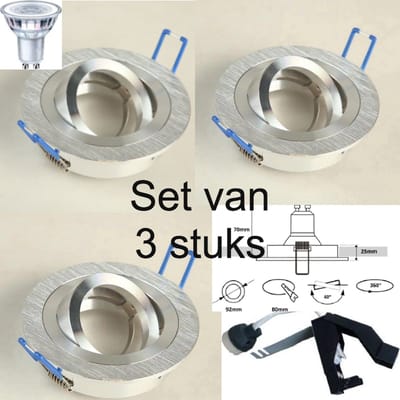 Inbouwspot Led 220Volt kantelbaar.. Rond. Kleur geborsteld chroom. Dimbare LED lamp 5W. Cool wit. Lichtkleur 840. 4000K. IP20. Dimbaar. GU10 fitting. 365 Lm. 230V. Boormaat 71-76mm. Buitenmaat 92mm. Set van 3 stuk(s).