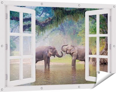 Gards Tuinposter Doorkijk Twee Olifanten in het Water - 120x80 cm - Tuindoek - Tuindecoratie - Wanddecoratie buiten - Tuinschilderij