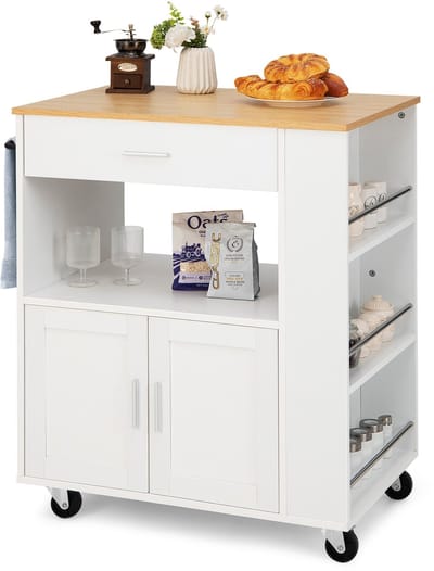 COSTWAY Keukentrolley op wieltjes, serveerwagen met werkblad, handdoekhouder, 3 kruidenrekken en lade, keukeneiland, hout, verrijdbare keukenkast, voor keuken, eetkamer en bar, wit