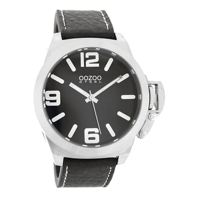 OOZOO Timepieces - Zilverkleurige horloge met zwarte leren band - OS012