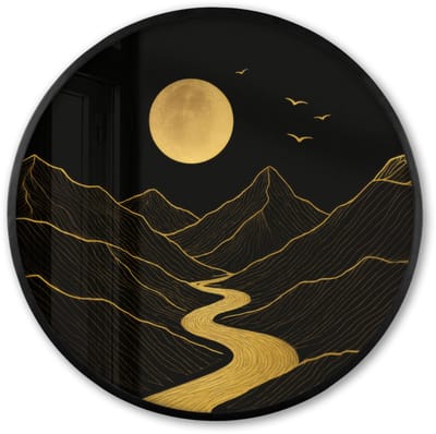 Poster in lijst Rond - Fotolijst 60x60 cm - Posters - Rivier - Goud - Maan - Vogels - Ronde posterlijst zwart - Decoratie - Wanddecoratie woonkamer - Muurdecoratie slaapkamer