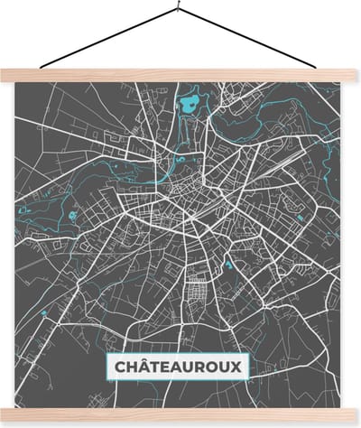 Posterhanger incl. Poster 40x40 cm - Schoolplaat - Frankrijk - Plattegrond - Kaart - Châteauroux - Stadskaart - Textielposter - Blanke latten - Stadskaart