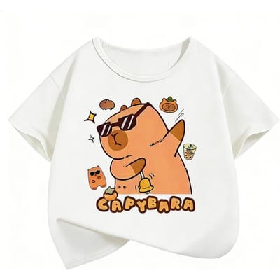 Zomer en Lente Schattige Capybara Print Rond Hals Kortmouw T-shirt, Modieus en Simpel voor Kinderen 130 orange