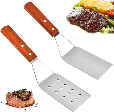 Set van 2 RVS Spatula's met Houten Handvat voor Grillen, Bakken en Teppanyaki, Perfect voor Hamburger en Steak