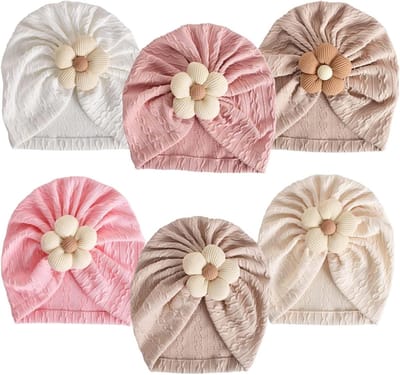 Zachte en Stijlvolle Baby Mutsen Set van 6 Stuks, Turban Mutsen met Bloemen voor Pasgeborenen, Geschikt voor Jongens en Meisjes, Ideaal voor Alle Seizoenen